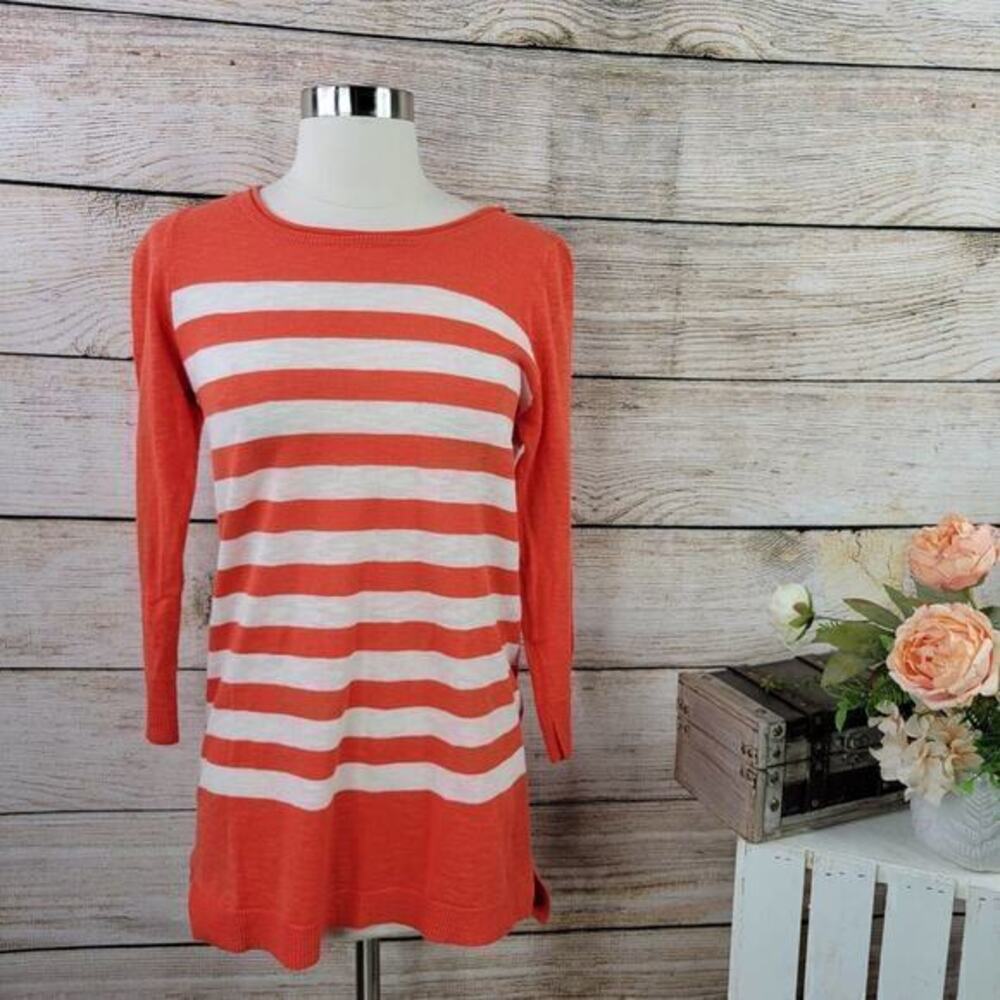 Lilla P Striped Orange White Lightweight Knit Sweater XS
